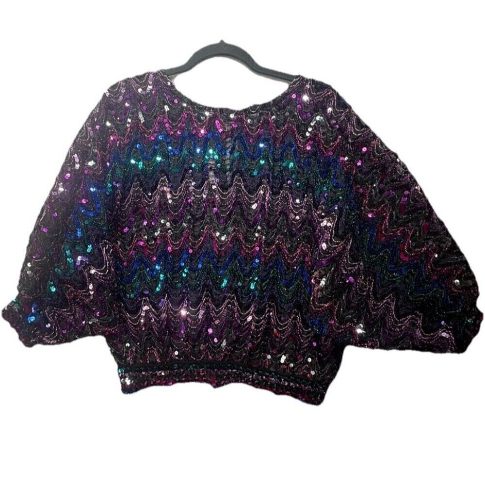 Vtg Praise Hymn Tunic Top Sequin Colorful Size L 80's Disco Multicolor Dolman